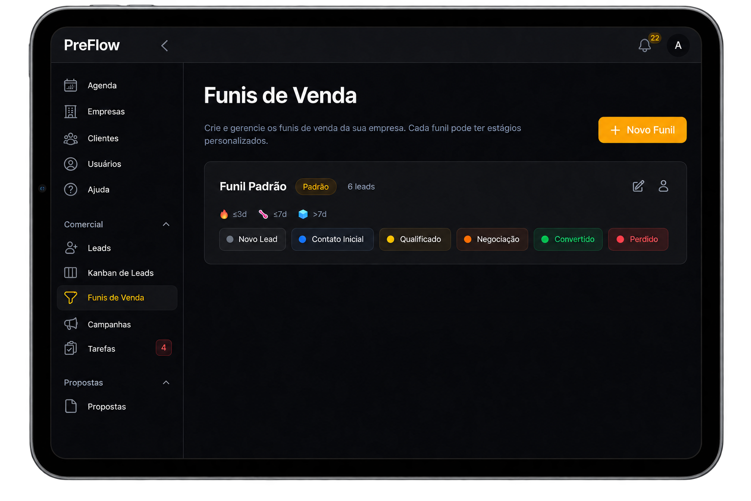 Tela de Funis de Venda do Preflow