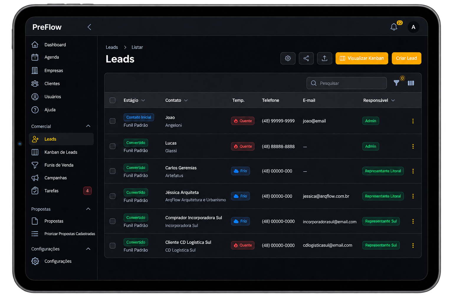 Tela de Listagem de Leads do Preflow