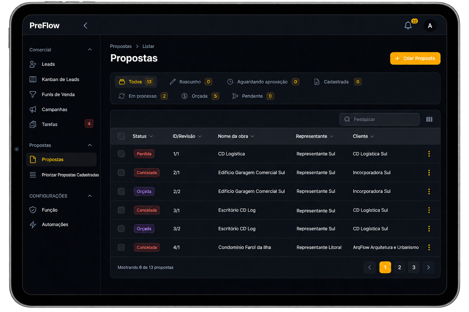 Tela de Listagem de Propostas do Preflow